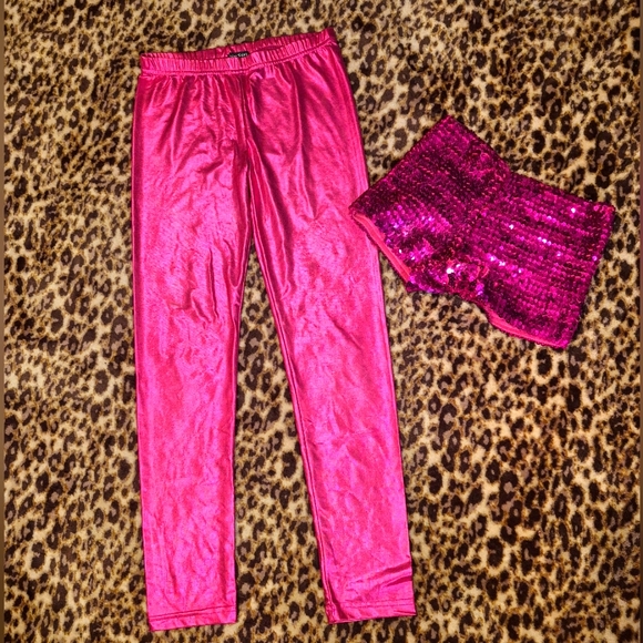 Pink Metallic Leggings & Sequin Shorts Set S - Picture 1 of 8